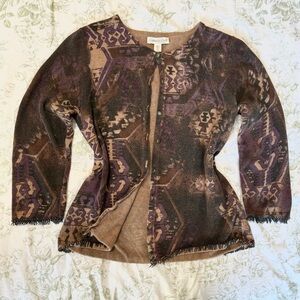 Coldwater Creek Brown and Purple Vintage Patterned Cardigan with Fringe Details